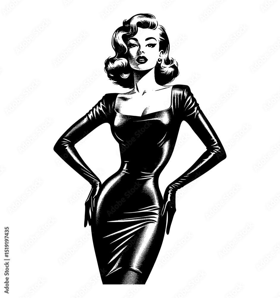 Fototapeta premium Elegant Caucasian Woman in Latex Dress with Hands on Hips in Retro Engraving Style