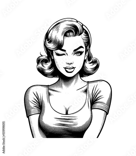 Illustration of Winking Pinup Woman with Short Hair in Black and White Detailed Line Art Style