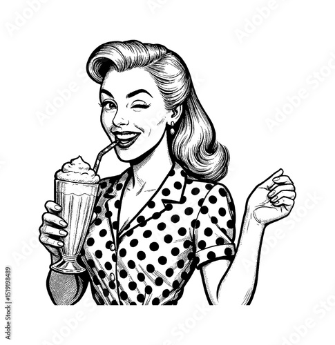 Happy Pinup Woman Winking Eye Drinking Milkshake with Straw in Detailed Black and White Drawing