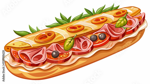 Crusty Spanish baguette with thinly sliced jamón serrano, fresh tomato spread, and olive oil, viewed up close against white background, showcasing simplicity and authentic Mediterranean flavor.