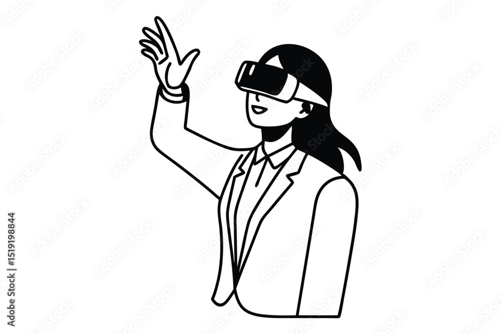 Fototapeta premium Woman wearing virtual reality headset and interacting with virtual environment in a professional setting from a side viewpoint