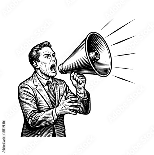 Caucasian Businessman Shouting into Megaphone Making Announcement in Engraving Style