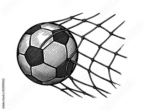 Soccer ball hitting the net, vector engraving style illustration on white background