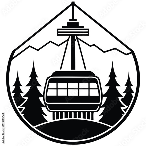 Cable car ascending a mountain station surrounded by pine trees in a scenic landscape