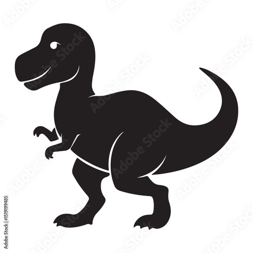 Black and white silhouetted illustration of a friendly tyrannosaurus rex dinosaur in a clean design