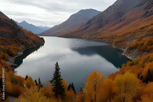 Still water reflecting seasonal colours in a remote alpine setting - Drone view of a mountain lake surrounded by autumn trees with golden leaves