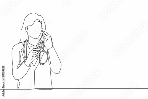 Single continuous line drawing woman doctor or scientist in laboratory holding syringe with liquid vaccines for children or older adults, fight against virus covid-19. One line graphic design vector