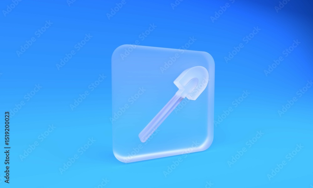 Frosted glass Garden shovel icon isolated on blue background. Gardening tool. Tool for horticulture, agriculture, farming. Square frosted glass button. 3D render illustration Frosted glass Garden shovel icon isolated on blue background. Gardening tool. Tool for horticulture, agriculture, farming. Square frosted glass button. 3D render illustration