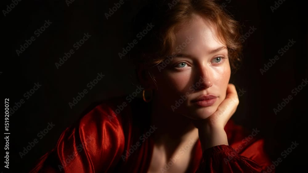 Portrait of a Thoughtful Young Woman with Auburn Hair and Blue Eyes in a Red Satin Dress Portrait of a Thoughtful Young Woman with Auburn Hair and Blue Eyes in a Red Satin Dress