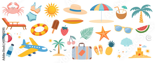 Vector summer set, cute summer holiday beach elements, summer vacation elements collection