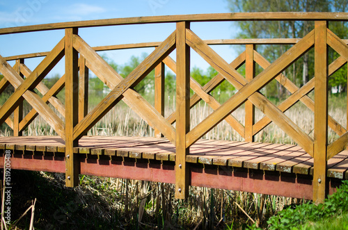 Fotografie Wooden footbridge architecture in tranquil landscape