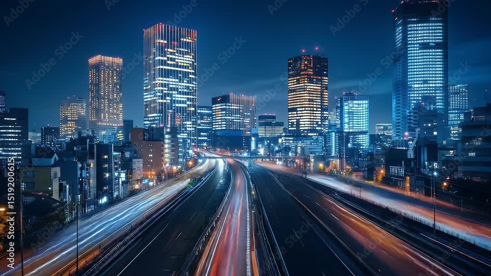 Vibrant Night Cityscape with Light Trails and Modern Architecture Against a Dark Blue Sky Long Exposure Vibrant Night Cityscape with Light Trails and Modern Architecture Against a Dark Blue Sky Long Exposure
