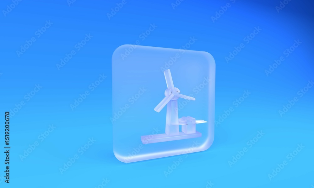 Fototapeta premium Frosted glass Wind turbine icon isolated on blue background. Wind generator sign. Windmill for electric power production. Square frosted glass button. 3D render illustration