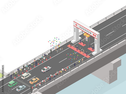 アイソメトリック図法で描いた橋の開通式のイメージ / Bridge opening ceremony. Isometric illustration