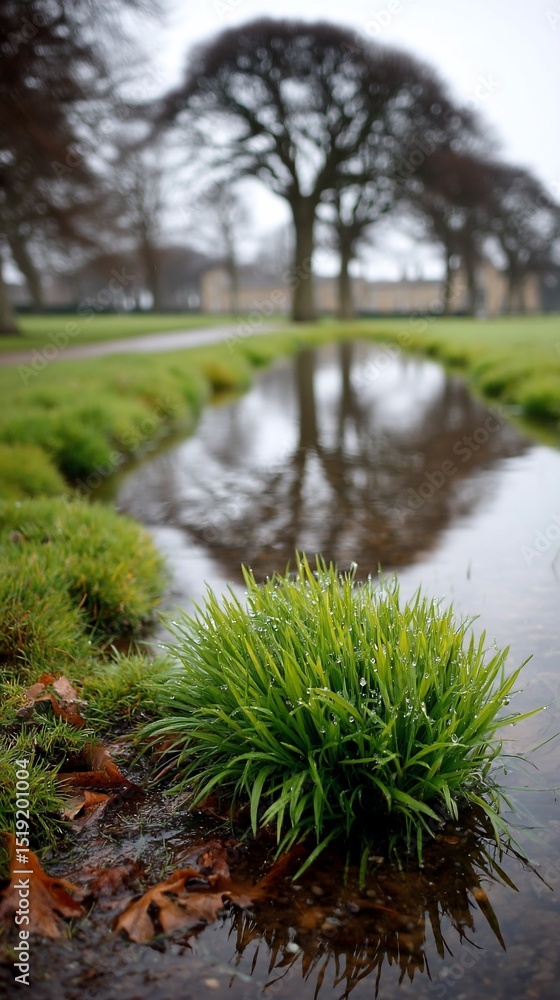 Obraz premium Dewkissed grass tuft by mirrored creek