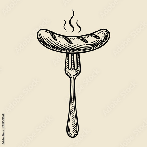 Grilled sausage on fork engraving style vector illustration