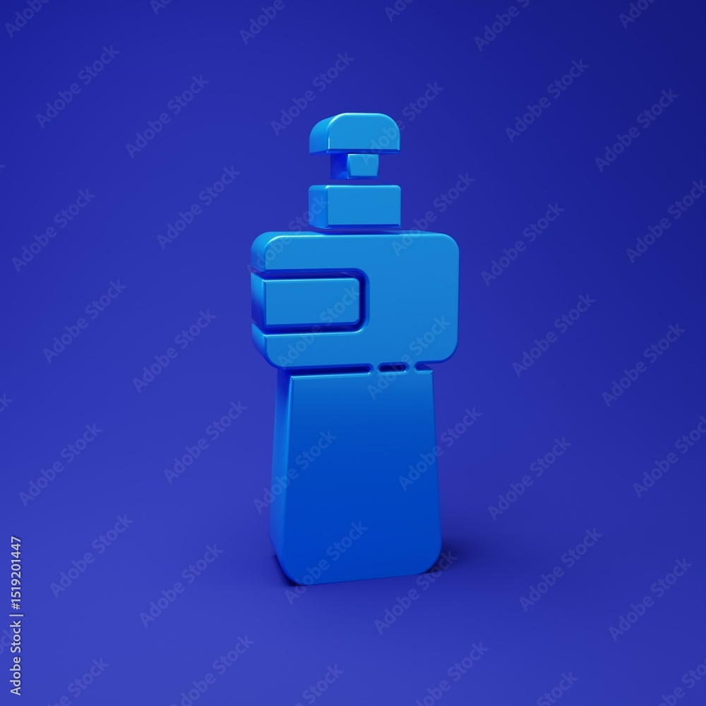 Blue Dishwashing liquid bottle icon isolated on blue background. Liquid detergent for washing dishes. Minimalism concept. 3D render illustration Blue Dishwashing liquid bottle icon isolated on blue background. Liquid detergent for washing dishes. Minimalism concept. 3D render illustration