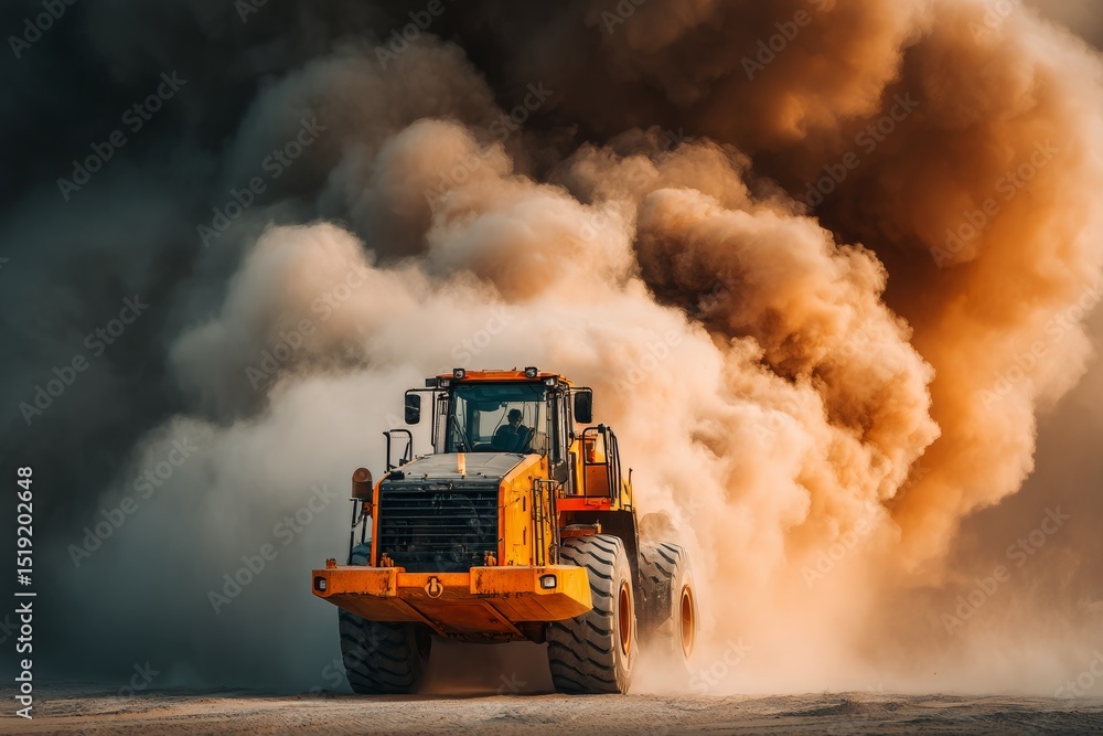 Obraz premium Mining Wheel Loader in Motion Front View with Dust