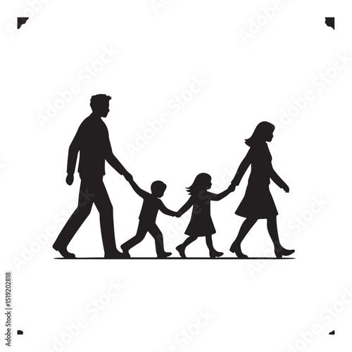 Silhouette of a family walking together representing parenthood and family values for designs
