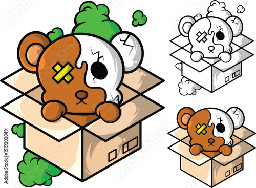 Cute Half-Skull Teddy Bear in Box – Dark Yet Adorable Vector Illustration