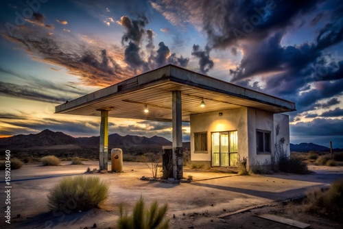 haunted gas station in desert