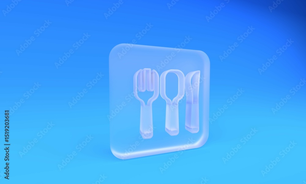 Frosted glass Fork, spoon and knife icon isolated on blue background. Cooking utensil. Cutlery sign. Square frosted glass button. 3D render illustration Frosted glass Fork, spoon and knife icon isolated on blue background. Cooking utensil. Cutlery sign. Square frosted glass button. 3D render illustration