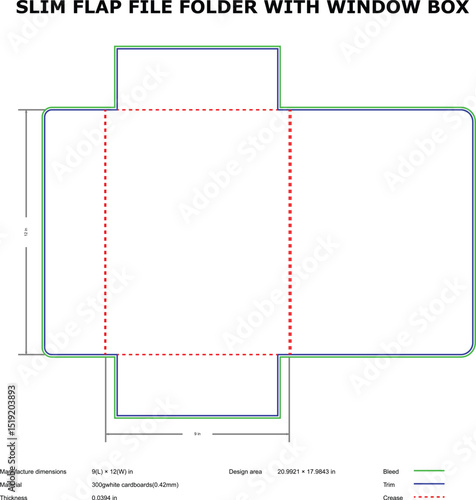 Slim flap file folder with window box die-cut template design