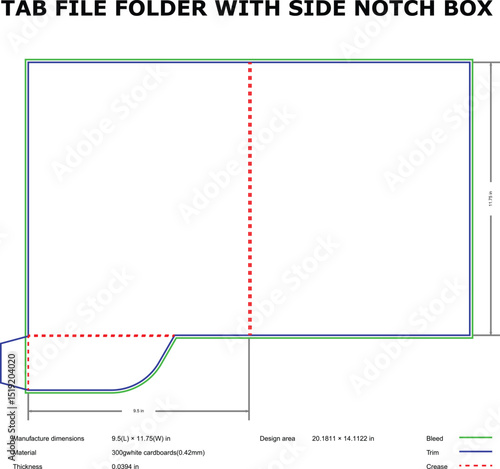 Detailed Technical Blueprint of a Tab File Folder Box Template with Dimensions