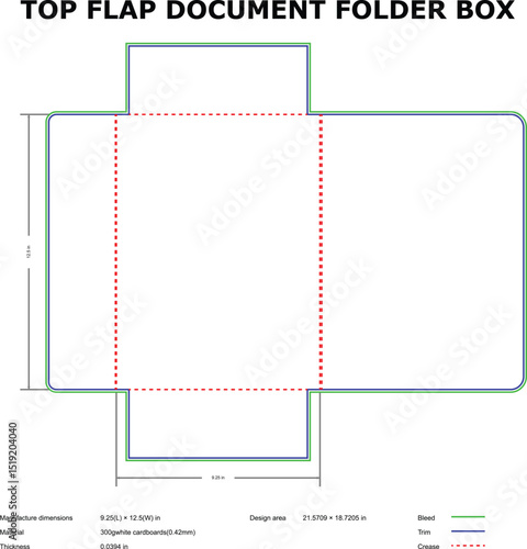 Top flap document folder box template die-cut design specifications