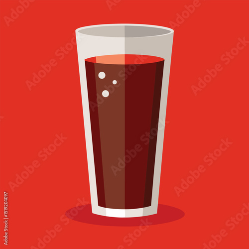 A minimalist flat vector illustration of a tall glass filled with fizzy cola on a red background