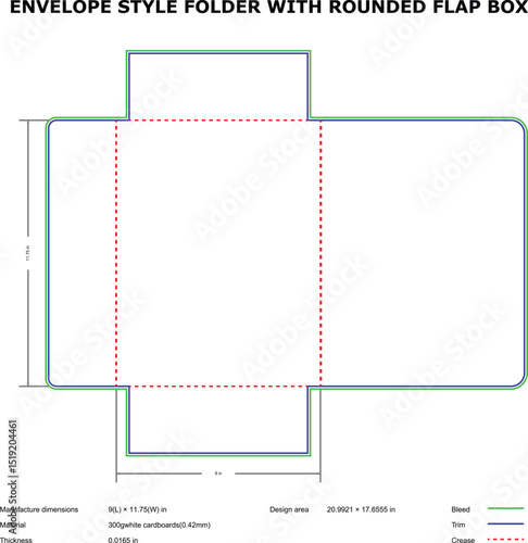 Envelope style folder with rounded flap box die-cut template