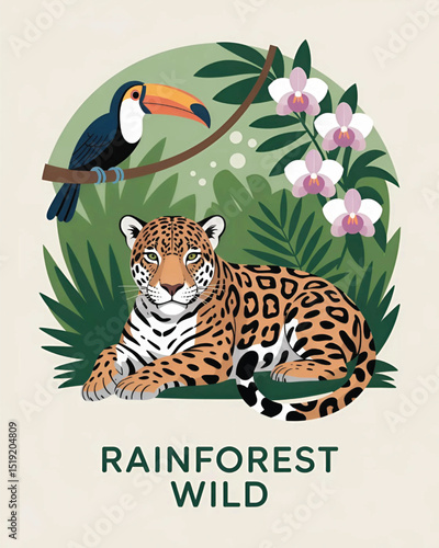 Jaguar and Toucan in Rainforest - Tropical Wildlife Illustration