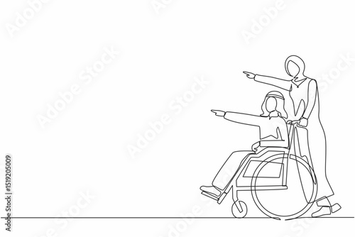 Continuous one line drawing couple of happy Arabic people while pointing in one direction. Caregiver woman pushing man on wheelchair, enjoy health care activity. Single line draw design vector graphic