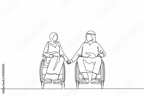 Continuous one line drawing disabled people on wheelchair living happy active lifestyle concept. Disabled Arab couple man woman in wheelchair sitting and holding hands. Single line draw design vector