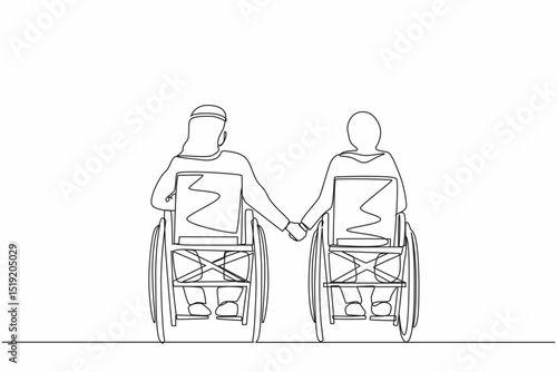 Single continuous line drawing back view of disabled people on wheelchair living happy active lifestyle. Disabled Arab couple man woman in wheelchair sitting and holding hands. One line design vector