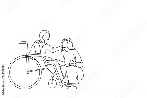 One continuous line drawing Arab man kneeling beside woman in wheelchair. Disabled wife sitting in wheelchair holding husband head in house yard. Single line draw design graphic vector illustration