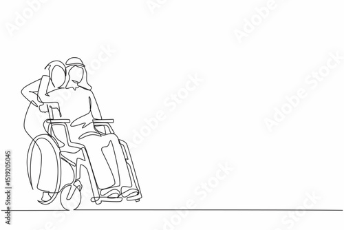 Single continuous line drawing Arab man sitting in wheelchair while wife standing behind and hugging him. Woman supporting husband during rehabilitation. Relationship concept. One line design vector
