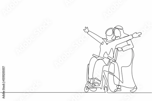 Single continuous line drawing happy disabled Arabic woman in wheelchair on walk with her loving husband outdoors, spending time together. Impaired couple enjoying fun day. One line draw design vector