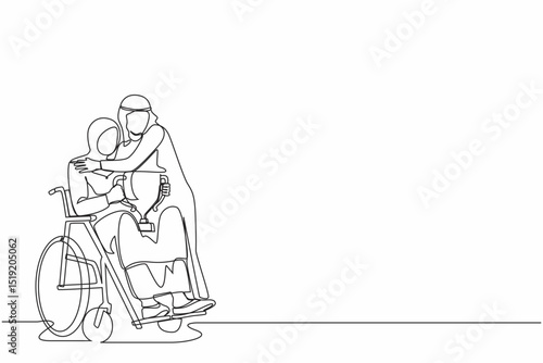 Single continuous line drawing disability Arab woman on wheelchair with trophy cup sharing her joy from achievements, victory with her husband. Disabled people success in sport. One line design vector