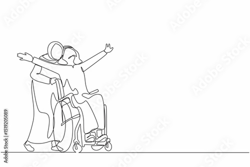 Single one line drawing happy disabled Arab man in wheelchair on walk with his loving wife outdoors, having fun, spending time together. Impaired couple enjoying fun day. Continuous line design vector