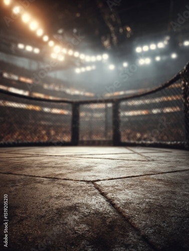 Empty Mma Octagon Cage In Arena At Night