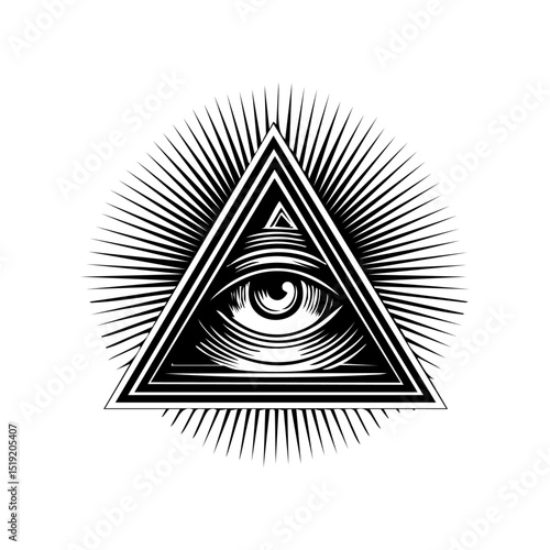 All seeing eye inside triangle with radiating lines, mystic or secret society logo.

