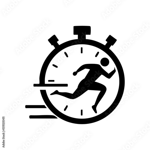 Vector logo of a stopwatch integrated with a running human figure for speed and fitness concepts.

