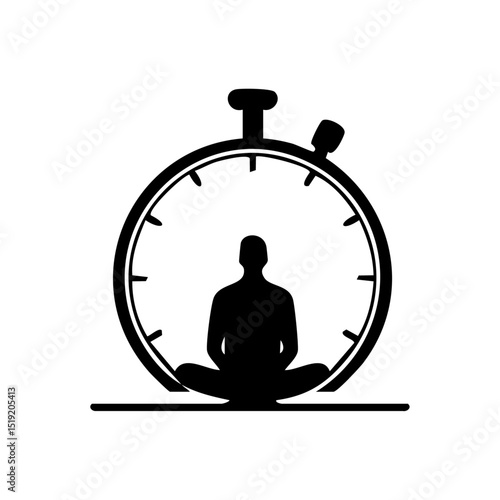 Minimalist vector logo of a person meditating inside a stopwatch outline.

