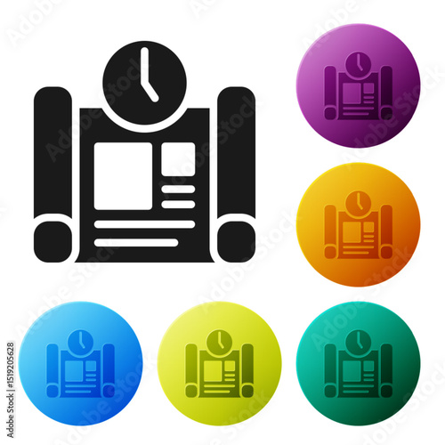 Black Business project time plan icon isolated on white background. Set icons in color circle buttons. Vector