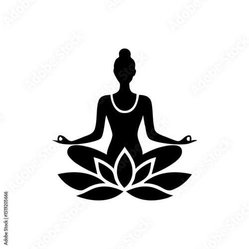 Minimalist black vector of a woman meditating in lotus position symbolizing mindfulness and inner peace.

