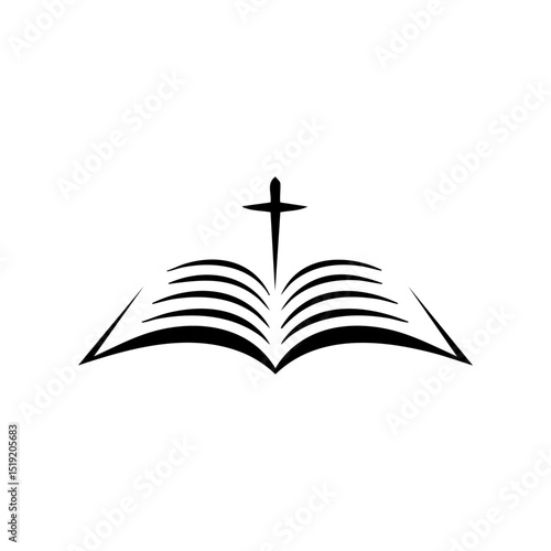 Minimalist vector logo of an open Bible with a cross emerging from the center.

