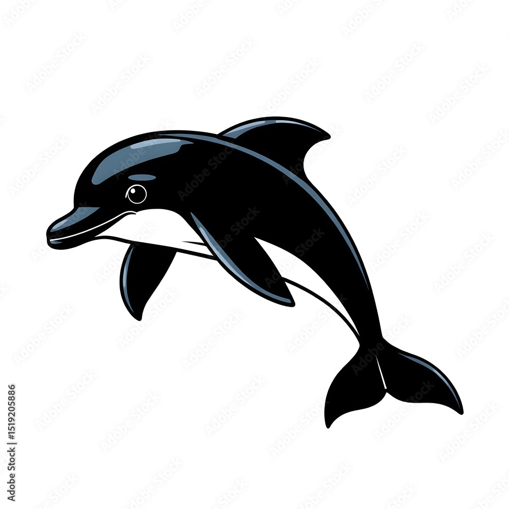 Fototapeta premium A stylized cartoon illustration of a playful, jumping dolphin in a vector art style on a white background. Ideal for tattoos, print on demand products, wall art, wallpaper, and stickers.