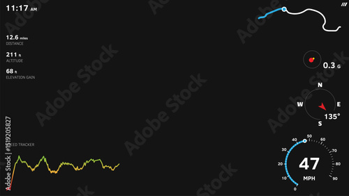 Vector telemetry overlay template on black background. Includes speed, altitude, GPS data, speed tracker and HUD elements. For action camera, car camera, sport videos, FPV overlays.