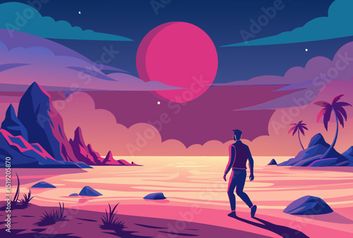 Sunset Serenity. A Man Walks Towards the Ocean at Dusk